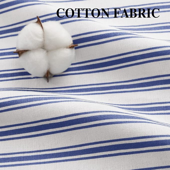 Farmhouse Shower Curtain Ruffle Linen White-Blue Stripe 72"W x 72"L | Farmhouse Boho, Striped, Bottom Ruffle, Cotton Fabric, Rustic, Country, Natural Look, Washable, for Bathroom Bathtub