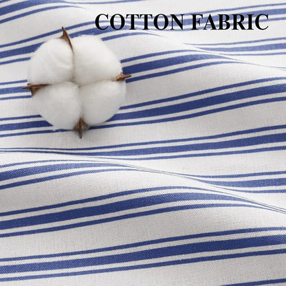 Farmhouse Shower Curtain Ruffle Linen White-Blue Stripe 72"W x 72"L | Farmhouse Boho, Striped, Bottom Ruffle, Cotton Fabric, Rustic, Country, Natural Look, Washable, for Bathroom Bathtub