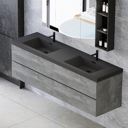 60" Floating Bathroom Vanity with Sink Combo, Pre-Assembled Wall Mounted Bathroom Cabinet with Double Integrated Sink, Soft-Closed 2 Drawers, Dark Birch