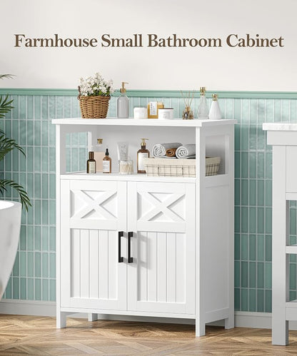 Akxomel Farmhouse Bathroom Storage Cabinet Open Shelf 2 Doors White | 11.8" D x 23.6" W Small Bathroom Cabinet with Adjustable Shelf, Toilet Paper Cabinet for Kitchen, Living Room, Laundry Room