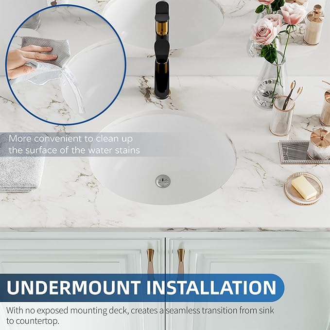 Undermount Bathroom Sink Oval, Hugsleek Interior Bowl Size 18 x 15 inch White Porcelain Ceramic Vessel Sink Under Counter Oval Exterior size 20x16in Bath Sink Bowl Basin Lavatory Vanity Fireclay