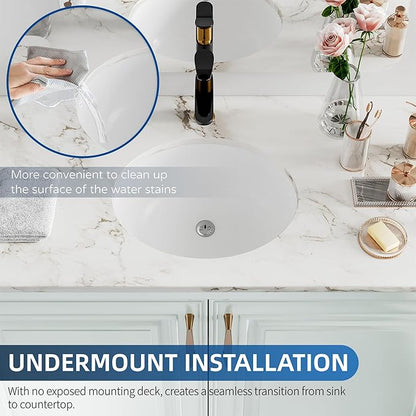 Undermount Bathroom Sink Oval, Hugsleek Interior Bowl Size 18 x 15 inch White Porcelain Ceramic Vessel Sink Under Counter Oval Exterior size 20x16in Bath Sink Bowl Basin Lavatory Vanity Fireclay