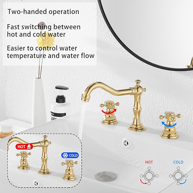 GGStudy 8-16 inch Two Handles 3 Holes Widespread Bathroom Sink Faucet Gold Basin Mixer Tap Faucet Matching Metal Pop Up Drain with Overflow