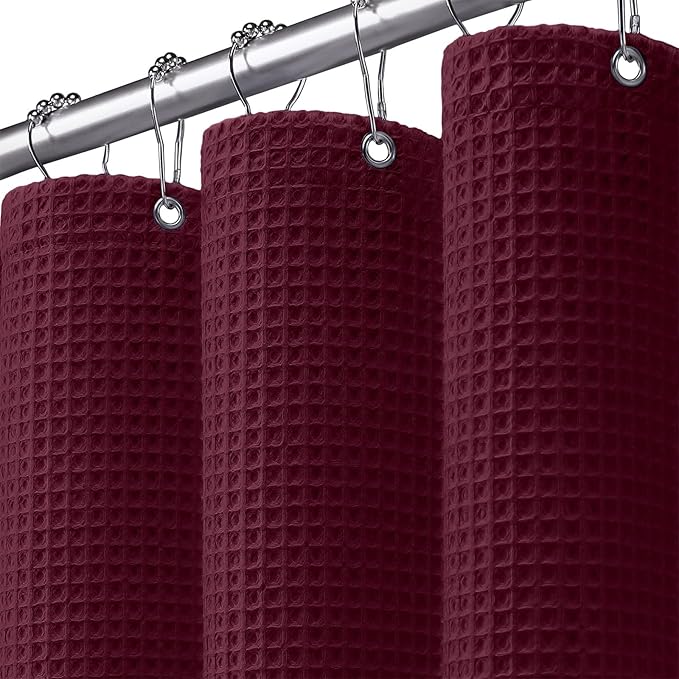 Waffle Weave Shower Curtain - Burgundy Cotton Fabric Texture Heavyweight Shower Curtains for Bathroom,Washable,72Wx72L