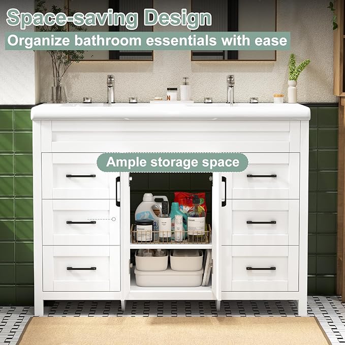 48 Inch Bathroom Vanity with Sink, Bathroom Vanity Cabinet with Doulble Sink, Bath Vanities with 2 Doors and 4 Drawers, White (20" D x 48" W x 36" H)