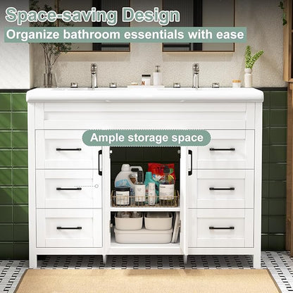 48 Inch Bathroom Vanity with Sink, Bathroom Vanity Cabinet with Doulble Sink, Bath Vanities with 2 Doors and 4 Drawers, White (20" D x 48" W x 36" H)