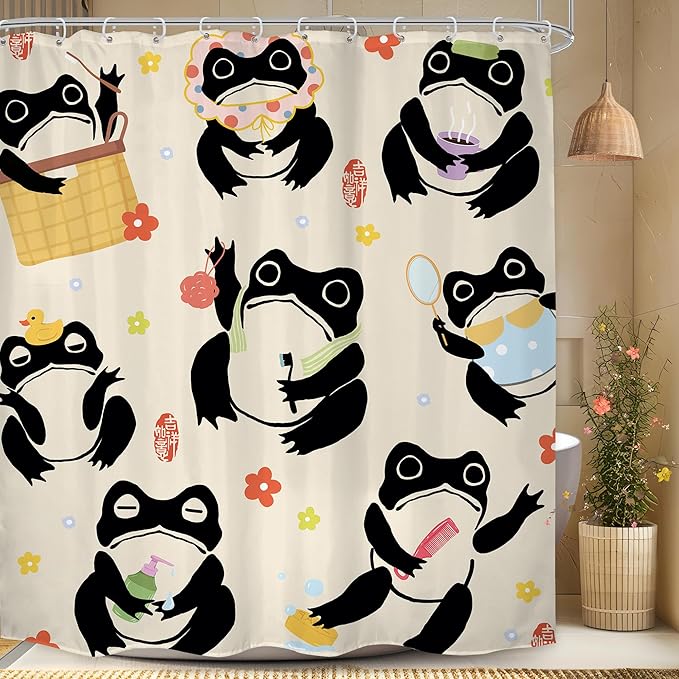 LGhtyro Japanese Funny Frog Shower Curtain Bathroom Set 71Wx78H Inches Fun Kids Washing Animal Asian Lovely Style Traditional Flower Bath Accessories Anime Cartoon Art Home Decor Fabric 12 Pack Hooks