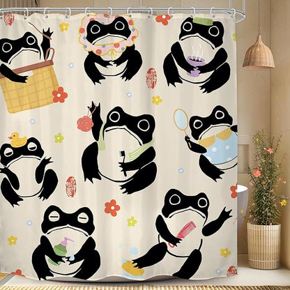 LGhtyro Japanese Funny Frog Shower Curtain Bathroom Set 71Wx78H Inches Fun Kids Washing Animal Asian Lovely Style Traditional Flower Bath Accessories Anime Cartoon Art Home Decor Fabric 12 Pack Hooks
