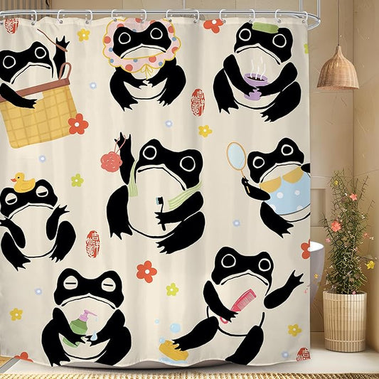 LGhtyro Japanese Funny Frog Shower Curtain Bathroom Set 71Wx78H Inches Fun Kids Washing Animal Asian Lovely Style Traditional Flower Bath Accessories Anime Cartoon Art Home Decor Fabric 12 Pack Hooks
