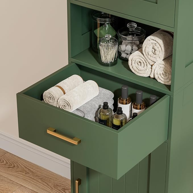 Homhedy 67" H Bathroom Storage Cabinet, Tall Bathroom Cabinet, Green | Narrow Cabinet with Doors and Drawer, Adjustable Shelves, Floor Cabinet for Bathroom, Living Room, Kitchen, Dining Room
