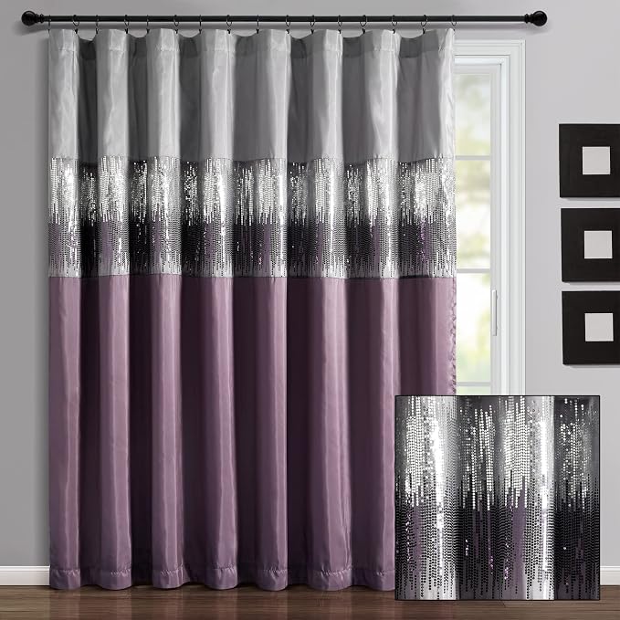 Lush Decor Night Sky Window Curtain Panel, Single 100"W x 84"L Purple & Gray - Sequin Backdrop Curtain - Extra Wide Curtains - Sliding Door Curtain