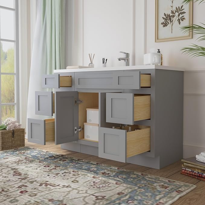 57 Inch Bathroom Vanity Base Only, Single Vanity Cabinet with 5 Dove-Tailed Drawers, Soft-Closing Doors, Gray, Without Top,Small