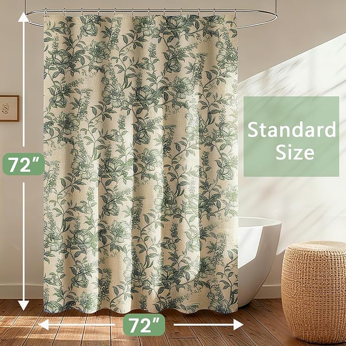 Farmhouse Sage Green Floral Shower Curtain with 12 Clear Rings 72"W x 72"L | Boho Fabric Faux Linen Shower Curtain Set, Vintage Cottagecore Shower Curtain for Bathroom