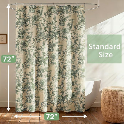 Farmhouse Sage Green Floral Shower Curtain with 12 Clear Rings 72"W x 72"L | Boho Fabric Faux Linen Shower Curtain Set, Vintage Cottagecore Shower Curtain for Bathroom
