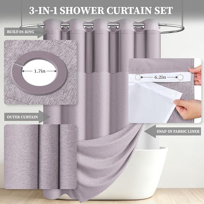Lavender Ringless Linen Look Shower Curtain with Snap in Liner, 72x75 | 3 in 1 Modern Shower Curtain Set, Removable Liner, Waterproof & Washable, Mesh Top Window, Durable Fabric, Easy to Install
