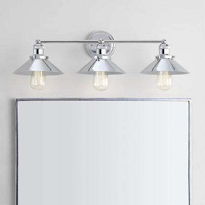 JONATHAN Y 26.5" Chrome 3-Light Industrial Farmhouse Metal Vanity Light Wall Sconce, Metal Shade for Bathroom Mirror, Kitchen, Entryway, LED Bulb Included (JYL7425A)