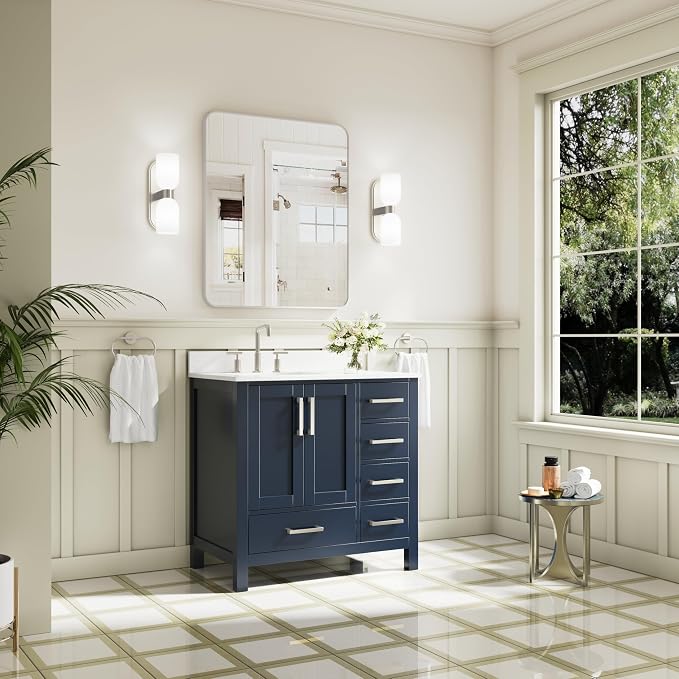 36-Inch Bathroom Vanity with Sink, 2 Soft-Close Doors and 5 Soft-Close Drawers, Bathroom Freestanding Vanity with Cultured Marble Countertop, Navy Blue Vanity with Brushed Nickel Handles