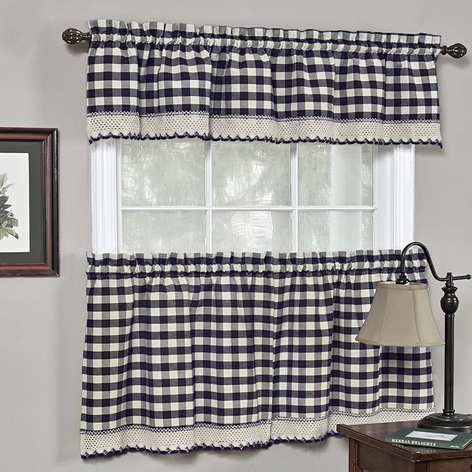 Sweet Home Collection Kitchen Window Curtain Panel Treatment Decorative Buffalo Check Design, 24" Tier, Navy