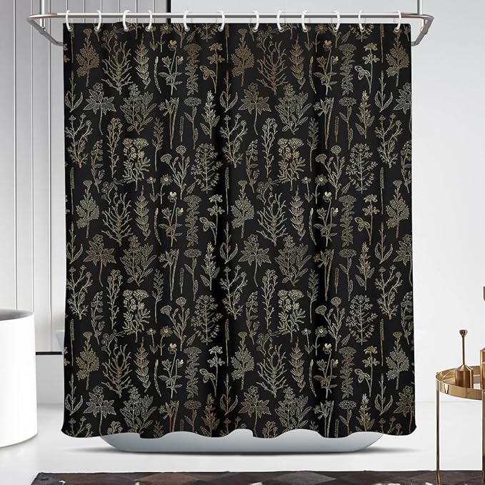 Coxila Vintage Floral Shower Curtain Black and Gold Boho Gothic Flower Aesthetic Whimsical Goth Moody Dark Botanical Witchy Nature Art Cottagecore Bathroom 60 x 72 Inch Polyester Fabric 12 Pack Hooks