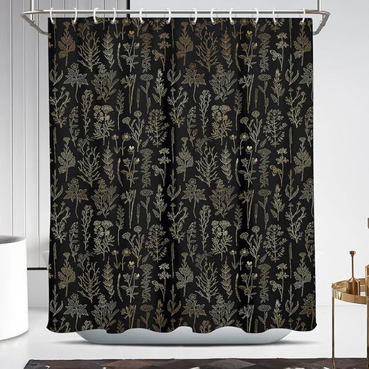 Coxila Vintage Floral Shower Curtain Black and Gold Boho Gothic Flower Aesthetic Whimsical Goth Moody Dark Botanical Witchy Nature Art Cottagecore Bathroom 60 x 72 Inch Polyester Fabric 12 Pack Hooks