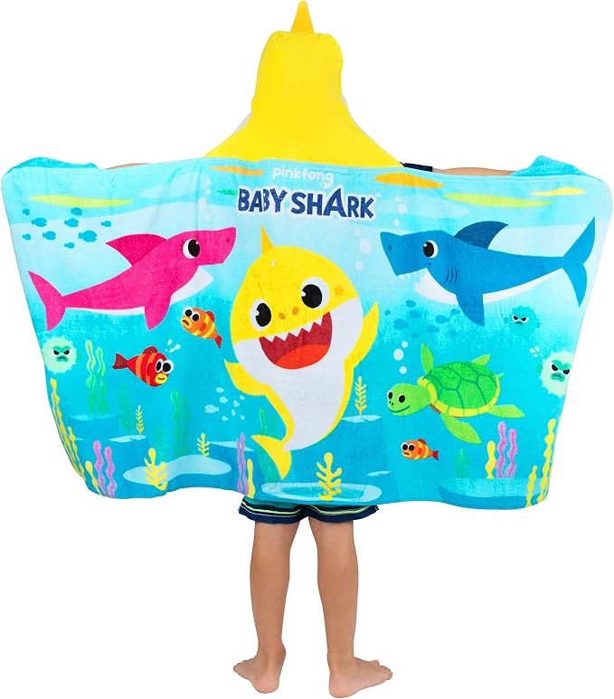 Franco Baby Shark Bath/Pool/Beach Soft Cotton Terry Hooded Towel Wrap, 24 in x 50 in, Kids