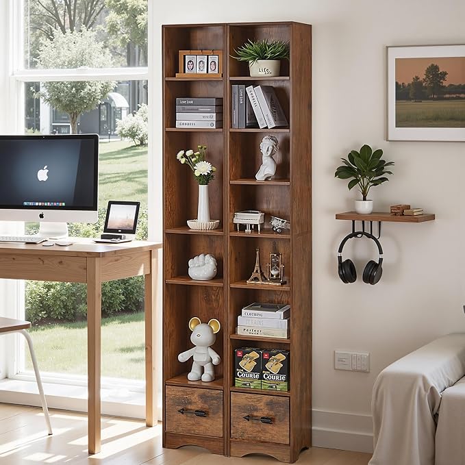 VECELO Tall Narrow Bookshelf with Drawer, 6 Adjustable Movable Shelves, Wood Space Saving Corner Storage Cabinet for Bathroom Bedroom, Retro Brown
