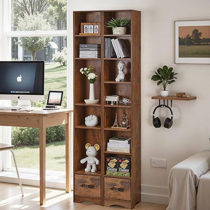 VECELO Tall Narrow Bookshelf with Drawer, 6 Adjustable Movable Shelves, Wood Space Saving Corner Storage Cabinet for Bathroom Bedroom, Retro Brown