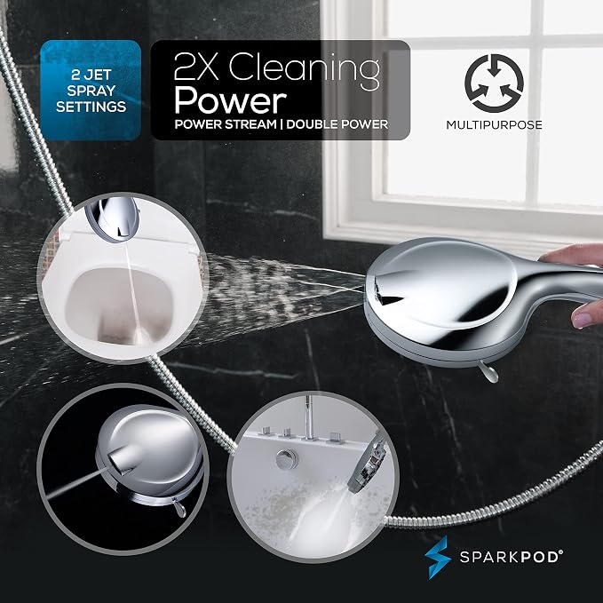 SparkPod 10-Mode Handheld Shower Head, 5 Inch, Polished Chrome Finish | Power Jet Spray, ABS Body Won't Rust, 6 ft. Stainless Hose, Touch-to-Clean Nozzles