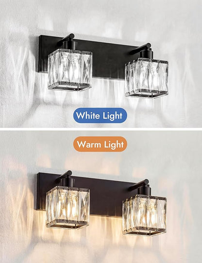 VOLISUN Black Bathroom Light Fixtures, Modern Bathroom Lighting Fixtures Over Mirror, 2 Light Bathrooms Vanity Light, Crystal Vanity Light for Bathrooms-UL Certificated(Exclude Bulb)
