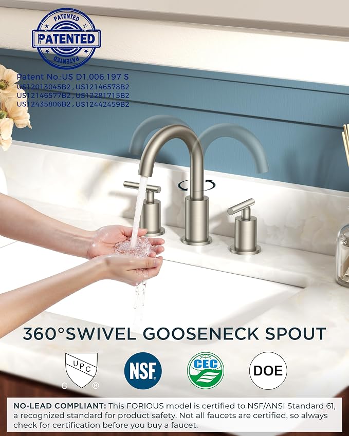 FORIOUS Brushed Nickel Bathroom Faucet 3 Hole Commercial Widespread Faucet | 3 Hole Bathroom Sink Faucet Brushed Nickel, 8 Inch Widespread Faucet for Bathroom Sink 3 Hole Silver with 360° Swivel Spout