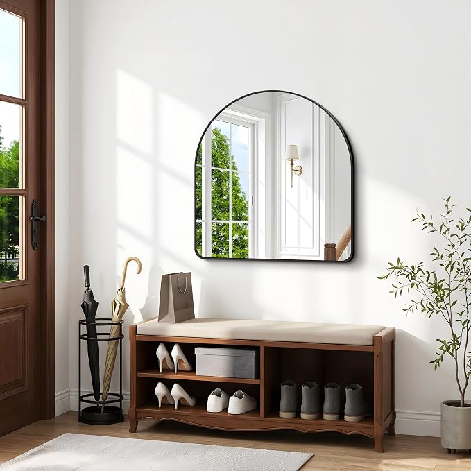 BONEWEI Arched Wall Mirror,36x36 inch Black Arched Mirror Bathroom,Large Vanity Mirror for Over Sink Metal Frame,Tempered Glass Arch Mirrors for Bedroom,Entryway,Living Room,Home Decor Shatter-Proof
