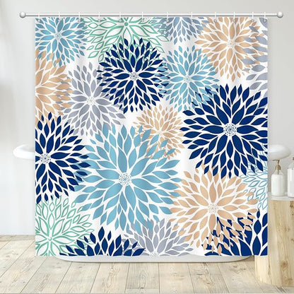 Shower Curtain Dahlia, Floral Shower Curtain Teal Blue Flowers Shower Curtains with Hooks for Bathroom Waterproof Polyester Fabric Machine Washable Home Farmhouse Decor Bath Curtains 72 X 72 Inches