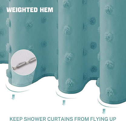 Extra Long Boho Shower Curtain Woven Fabric 84 Inch Teal Shower Curtain, 72 x 84 Tufted Pleat Floral Puffs Textured Modern Minimalist Shower Curtain Set with Hooks for Bathroom