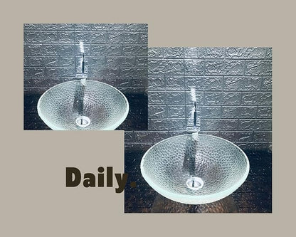 Pearl Series Glass Vessel Sink In Ice Top Raindrop Mount Sinks Above Countertop | Vanity Countertop Clear Transparent Sink Bowl with Pop Up Drain | FW-LA623