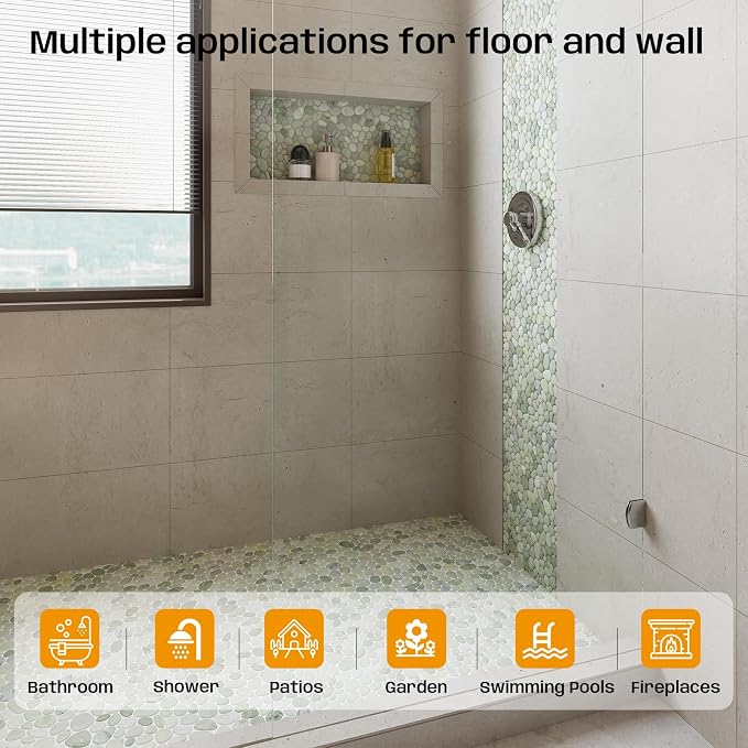 Green Pebble Tile for Shower Floor, 12"X12" Stone Backsplash Tiles | Slip-resistant Pebble for Bathroom, Kitchen, Shower Floors, Walls & Outdoor Areas, Mesh-Backed Easy to Install, 5 SqFt