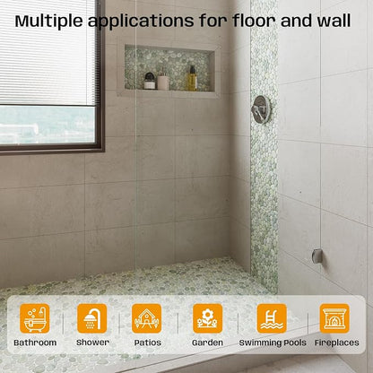 Green Pebble Tile for Shower Floor, 12"X12" Stone Backsplash Tiles | Slip-resistant Pebble for Bathroom, Kitchen, Shower Floors, Walls & Outdoor Areas, Mesh-Backed Easy to Install, 5 SqFt