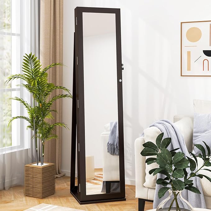 CHARMAID Jewelry Armoire Cabinet with 62" Tall Full Length Mirror, 2-in-1 Lockable Standing Jewelry Organizer with Large Storage Capacity, Inside Makeup Mirror, Stable Base, Easy Assembly (Espresso)