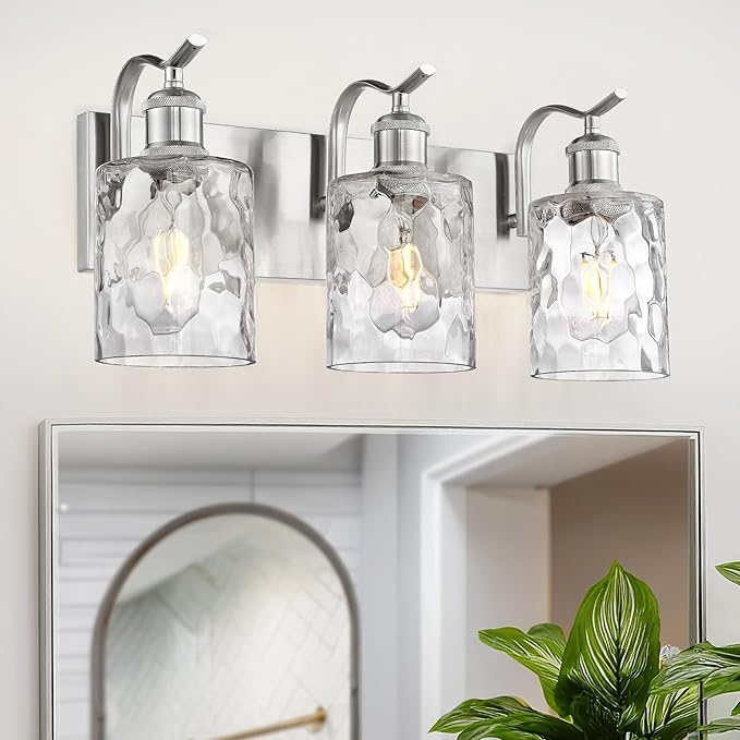 3-Light 20 Inch Bathroom Vanity Light,Hammered Glass,Nickel | Over Mirror Wall Light,E26 sockets,for bathroom mirror,powder room,dressing area