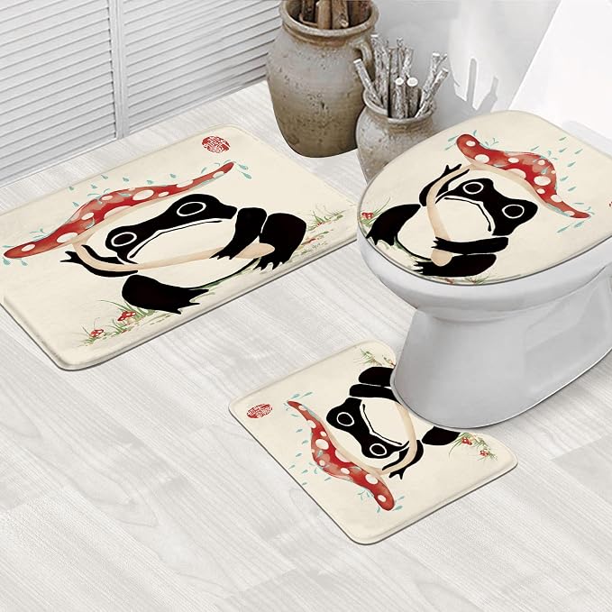 4PCS Funny Frog 71Wx71H Inches Mushroom Asian Grassland Japanese Shower Curtain Sets with Rugs, Toilet Lid Cover and Bath Mat, Traditional Bath Accessories Art Home Decor Fabric 12 Pack Hooks
