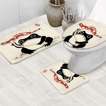 4PCS Funny Frog 71Wx71H Inches Mushroom Asian Grassland Japanese Shower Curtain Sets with Rugs, Toilet Lid Cover and Bath Mat, Traditional Bath Accessories Art Home Decor Fabric 12 Pack Hooks