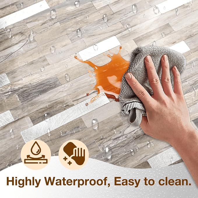 Peel and Stick Backsplash Tile Waterproof Removable PVC Wall Sticker 3D Faux Stone Marble Brick White Accent Panels (Gray - Yellow Stone - Metal Silver, 20 Tiles - 9 sq. ft. (0.84 M²))