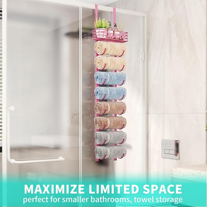HapiRm Towel Racks for Bathroom Storage - 9 Tier Over The Door & Wall Mount Rolled Towel Storage Organizer Holder with Metal Shelf Basket for Small Bathroom, Camper, Rv - Pink, Patented
