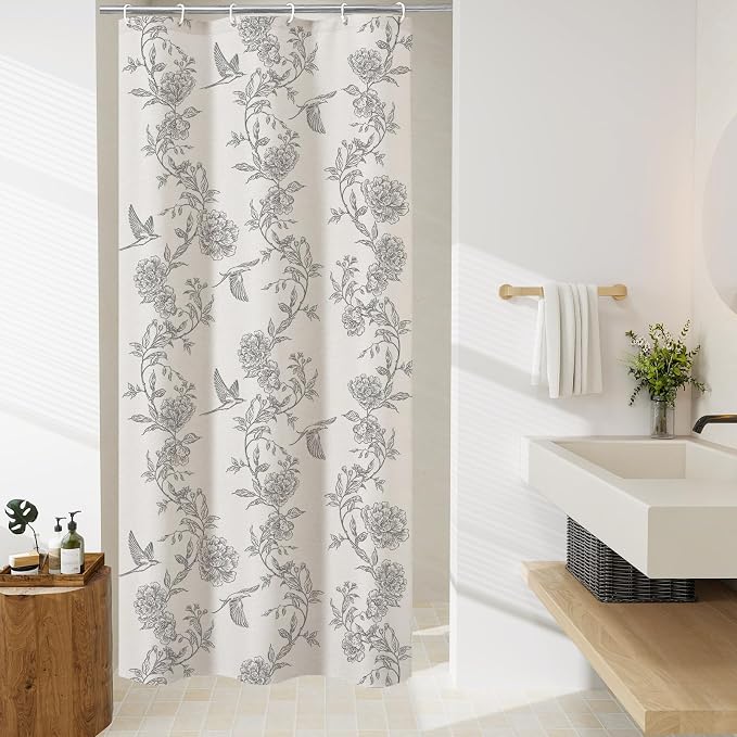 MitoVilla Small Stall Grey Cotton Shower Curtain for Bathroom,36 x 72 | Narrow Half Cottagecore Hummingbird Spring Shower Curtains, Modern Farmhouse Country Floral Bathroom Décor, 36 x 72