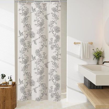 MitoVilla Small Stall Grey Cotton Shower Curtain for Bathroom,36 x 72 | Narrow Half Cottagecore Hummingbird Spring Shower Curtains, Modern Farmhouse Country Floral Bathroom Décor, 36 x 72