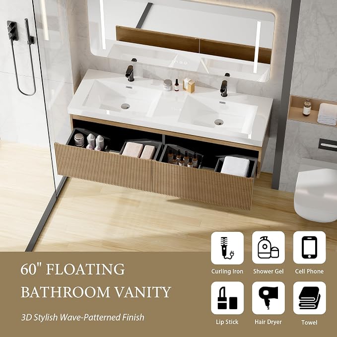 60 Inch Floating Bathroom Vanity with Double Sink, Modern Oak Wall Mounted Floating Vanity with Glossy Resin Sink and 2 Soft Closing Drawers, Fully Pre Assembled Bathroom Vanity, Natural Oak