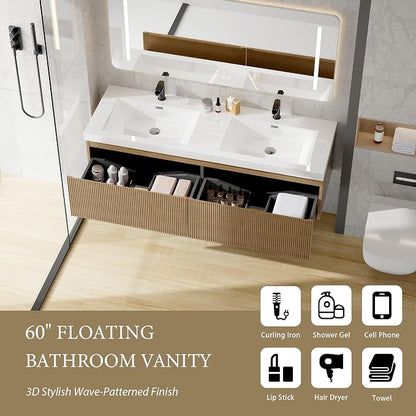 60 Inch Floating Bathroom Vanity with Double Sink, Modern Oak Wall Mounted Floating Vanity with Glossy Resin Sink and 2 Soft Closing Drawers, Fully Pre Assembled Bathroom Vanity, Natural Oak