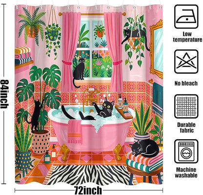 Accnicc Funny Cat Shower Curtain for Bathroom 72 X 84 Inches | Boho Cute Fun Black Cats Extra Long Shower Curtains, Tropical Plant Pink Bathroom Decor, Water-Resistant Washable Polyester