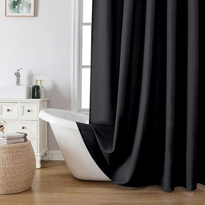 Zora 96 Inch Shower Curtain Set with 12 Plastic Hooks, Plain Fabric Black Shower Curtain for Bathroom - Extra Long Shower Curtain, Water Resistance, Machine Washable Soft Cloth, 72WX96L, Black