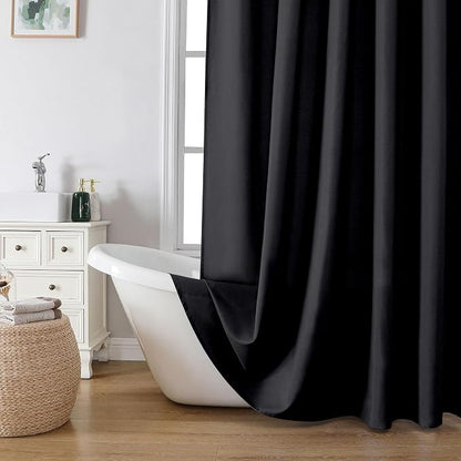 OVZME Zora 78 Inch Shower Curtain Set with 12 Plastic Hooks, Plain Fabric Black Shower Curtain for Bathroom - Long Shower Curtain, Water Resistance, Machine Washable Soft Cloth, 72WX78L, Black