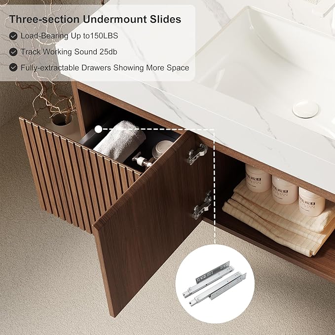 48" Floating Bathroom Vanity with Sink, Modern Plywood Bathroom Vanities with Drawer and Doors, Carrara White Sintered Stone Top and 3 Pre-drilled Faucet Holes Ceramic Basin, Pre-Assembled, Dark Oak